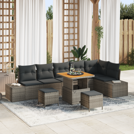 Conjunto de Sofá de Jardín  de 9 Piezas con Cojines de Poliratán Gris Acacia | Foro24.es | Tu tienda online para hogar, jardín y más Foro24.es