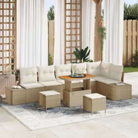 Juego de Sofá de Jardín de 9 Piezas  con Cojines Beige Ratán Poliéster Acacia