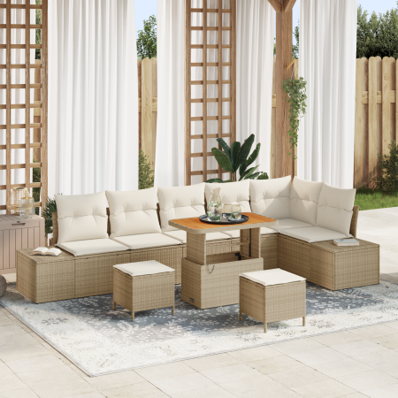 Juego de Sofá de Jardín de 9 Piezas con Cojines Beige Ratán Poliéster Acacia de , Sofás de exterior - Ref: Foro24-3362806, Pr...