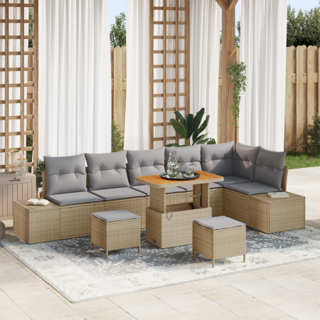 Set de Sofá de Jardín de 9 Piezas con Cojines Beige de Poliratán Acacia de , Sofás de exterior - Ref: Foro24-3362807, Precio:...