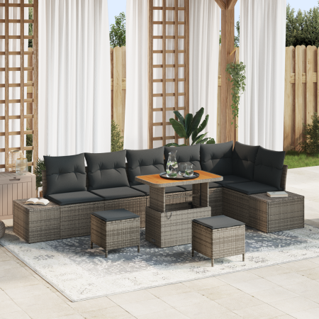 Juego de Sofás de Jardín  de 9 Piezas con Cojines Gris Poliratán Acacia | Foro24.es | Tu tienda online para hogar, jardín y más Foro24.es