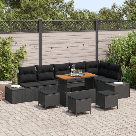 Set de Sofá de Jardín de 10 piezas con Cojines Negro Poliratán Acacia de , Sofás de exterior - Ref: Foro24-3362809, Precio: 6...
