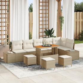 Juego de Sofás de Jardín de 10 Piezas con Cojines Beige Poliratán Acacia