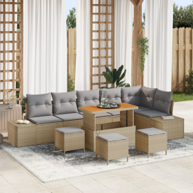 Conjunto de Sofá de Jardín de 10 Piezas con Cojines de Poliratán Beige Acacia