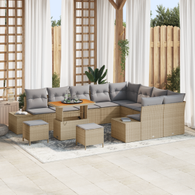 Conjunto de Sofá de Jardín de 12 Piezas con Cojines Beige Poliratán Acacia