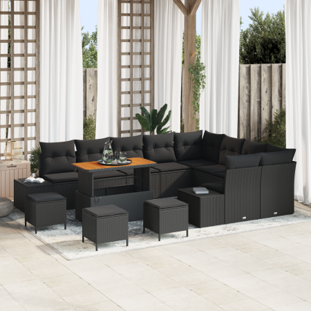 Conjunto de Sofá de Jardín  de 13 Piezas con Cojines Negro de Poliratán y Acacia | Foro24.es | Tu tienda online para hogar, jardín y más Foro24.es