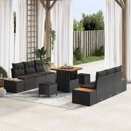 Juego de Sofás de Jardín de 9 Piezas con Cojines Negro Polirratán Acacia | Foro24.es | Tu tienda online para hogar, jardín y más Foro24.es