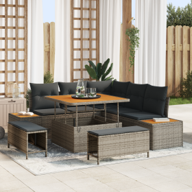 Conjunto de Sofá de Jardín de 8 Piezas con Cojines Gris Poliratán Acacia