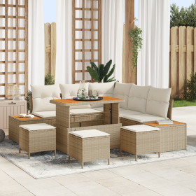 Conjunto de Sofás de Jardín  de 9 Piezas con Cojines Beige Ratán Poliéster Acacia