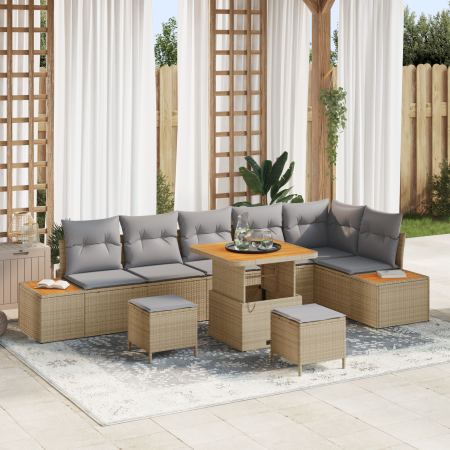 Juego de Sofás de Jardín de 9 Piezas con Cojines Beige Ratán Acacia | Foro24.es | Tu tienda online para hogar, jardín y más Foro24.es