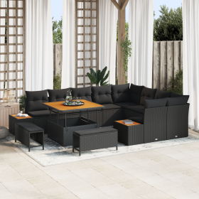 Conjunto de Sofá de Jardín de 12 Piezas con Cojines de Ratán Polipropileno Negro y Acacia de , Sofás de exterior - Ref: Foro2...