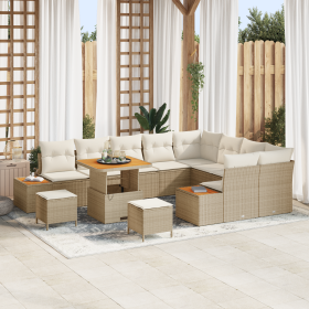 Juego de sofá de jardín de 12 piezas con cojines de poli ratán beige y acacia