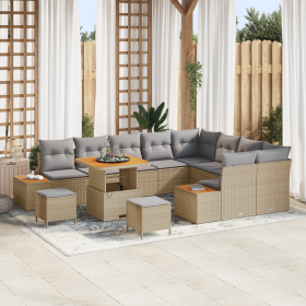 Juego de Sofá de Jardín de 12 Piezas con Cojines Beige Ratán Polipropileno Acacia