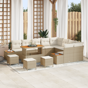 Set de Sofá de Jardín de 13 Piezas con Cojines Beige Ratán Poli Acacia