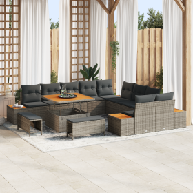 Set de sofá de jardín de 13 piezas con cojines gris ratán sintético acacia