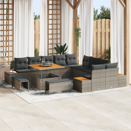 Set de sofá de jardín de 13 piezas con cojines gris ratán sintético acacia | Foro24.es | Tu tienda online para hogar, jardín y más Foro24.es