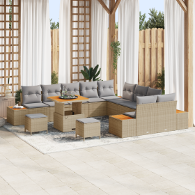 Set de Sofás de Jardín  de 13 Piezas con Cojines Beige de Ratán Poliéster Acacia