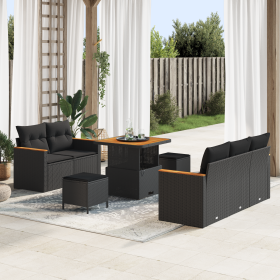 Conjunto de Sofá de Jardín de 8 Piezas con Cojines en Poliratán Negro y Acacia de , Sofás de exterior - Ref: Foro24-3362984, ...