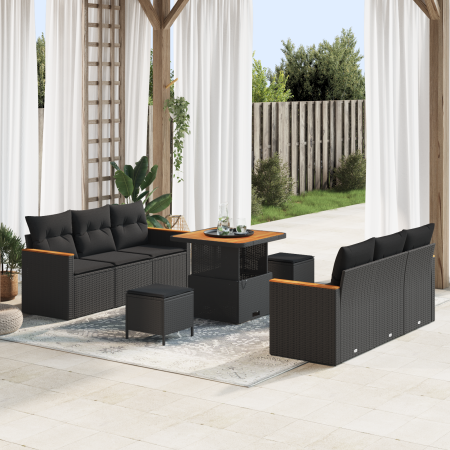 Conjunto de Sofá de Jardín de 9 Piezas con Cojines Negro Poliratán Acacia de , Sofás de exterior - Ref: Foro24-3362994, Preci...