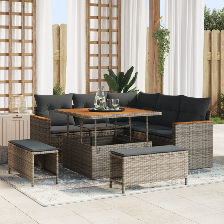 Conjunto de sofá de jardín de 8 piezas con cojines Gris Ratán sintético Acacia | Foro24.es | Tu tienda online para hogar, jardín y más Foro24.es