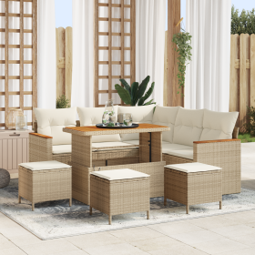 Conjunto de Sofás de Jardín de 9 Piezas con Cojines Beige Ratán Poliéster Acacia