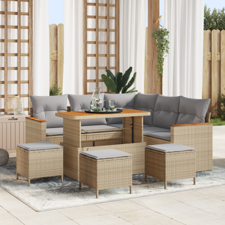 Conjunto de Sofás de Jardín  de 9 Piezas con Cojines Beige Ratán Poli Acacia | Foro24.es | Tu tienda online para hogar, jardín y más Foro24.es