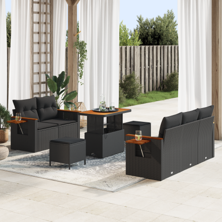 Conjunto de Sofás de Jardín de 8 piezas con Cojines Ratán Poliespuma Negro Acacia de , Sofás de exterior - Ref: Foro24-336311...