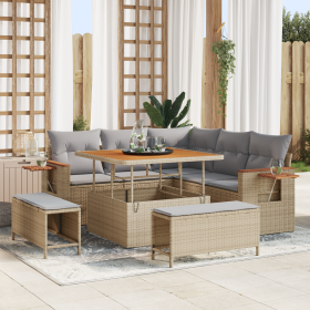Conjunto de Sofá de Jardín de 8 Piezas con Cojines Beige Poliratán Acacia