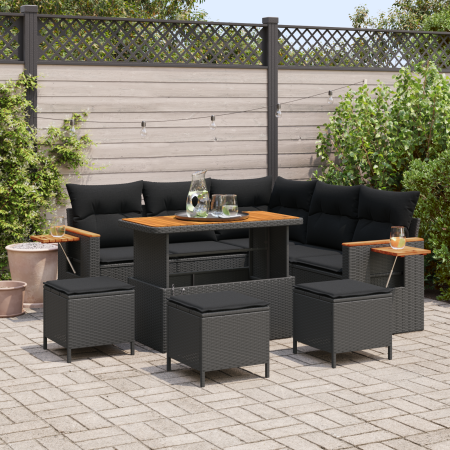 Set de Sofá de Jardín de 9 Piezas con Cojines Negro Poliratán Acacia de , Sofás de exterior - Ref: Foro24-3363179, Precio: 54...
