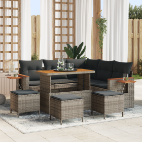 Conjunto de Sofá de Jardín  de 9 Piezas con Cojines Gris Ratán Poliéster Acacia