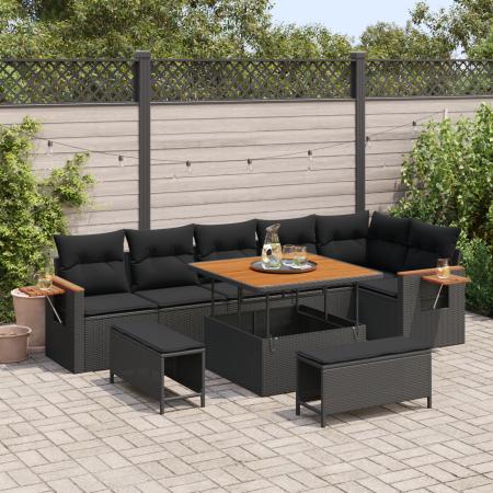 Conjunto de Sofás de Jardín de 9 Piezas con Cojines Polirratán Negro Acacia de , Sofás de exterior - Ref: Foro24-3363184, Pre...