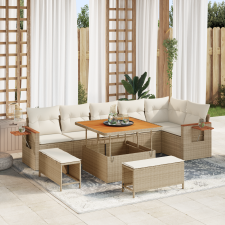 Juego de Sofás de Jardín  de 9 piezas con Cojines Beige de Ratán Sintético y Acacia | Foro24.es | Tu tienda online para hogar, jardín y más Foro24.es