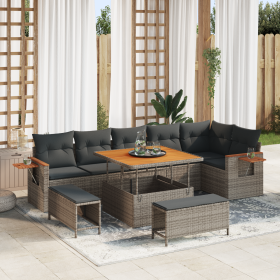 Conjunto de Sofá de Jardín de 9 Piezas con Cojines Gris Ratán Polímero Acacia