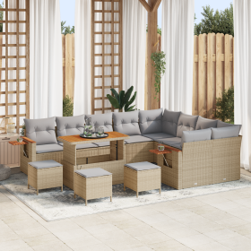 Juego de Sofás de Jardín de 13 Piezas con Cojines Beige Poliratán Acacia
