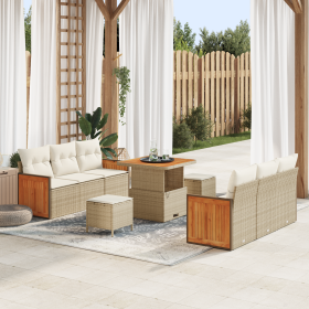 Set de Sofás de Jardín  de 9 Piezas con Cojines Beige Poliratán Acacia