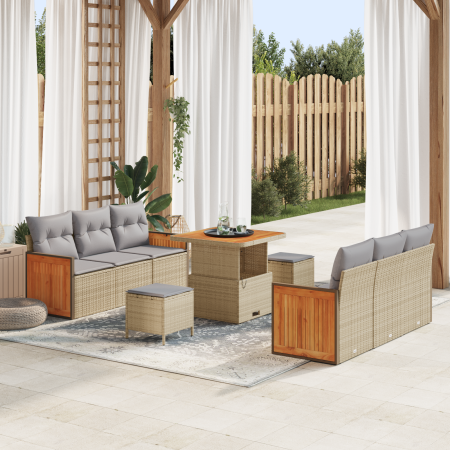 Set de Sofá de Jardín  de 9 Piezas con Cojines Beige Polirratán Acacia | Foro24.es | Tu tienda online para hogar, jardín y más Foro24.es