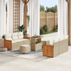 Conjunto de Sofá de Jardín  de 9 Piezas con Cojines Beige Polirratán Acacia