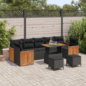 Conjunto de Sofá de Jardín de 10 Piezas con Cojines Negro Polirratán Acacia de , Sofás de exterior - Ref: Foro24-3363289, Pre...
