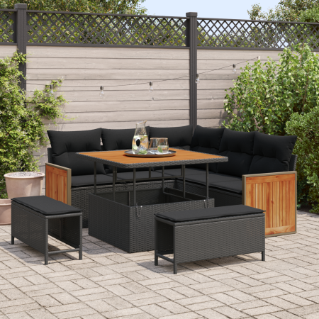 Juego de Sofás de Jardín de 8 Piezas con Cojines de Ratán Negro y Acacia de , Sofás de exterior - Ref: Foro24-3363294, Precio...
