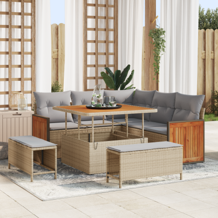 Conjunto de sofá de jardín de 8 piezas con cojines beige de ratán sintético y acacia de , Sofás de exterior - Ref: Foro24-336...