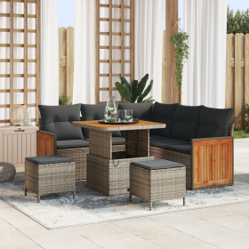 Sofá de Jardín de 8 Piezas con Cojines Gris Poliratán Acacia