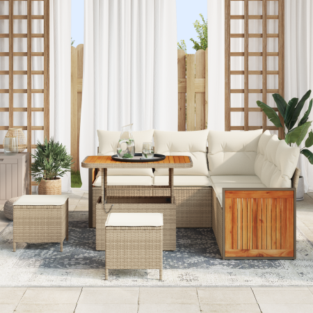 Juego de Sofá de Jardín de 8 piezas con Cojines Beige de Ratán de Polietileno y Acacia de , Sofás de exterior - Ref: Foro24-3...