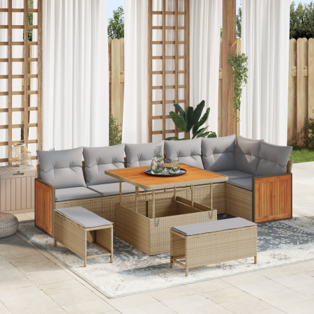 Juego de Sofás de Jardín de 9 Piezas con Cojines Ratán Beige Acacia de , Sofás de exterior - Ref: Foro24-3363317, Precio: 711...