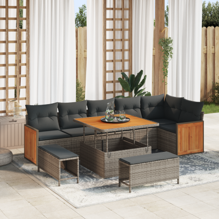 Conjunto de Sofá de Jardín de 9 Piezas con Cojines de Ratán Poliéster Gris y Acacia de , Sofás de exterior - Ref: Foro24-3363...