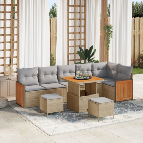 Conjunto de Sofá de Jardín de 9 Piezas con Cojines Beige Ratán Sintético Acacia