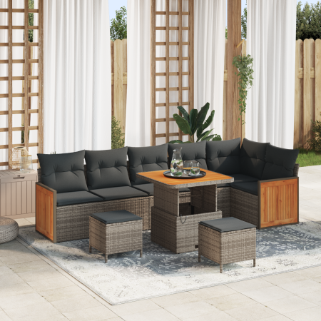 Set de Sofá de Jardín de 9 Piezas con Cojines Gris Poliratán Acacia | Foro24.es | Tu tienda online para hogar, jardín y más Foro24.es