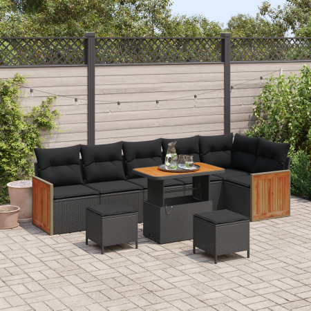Conjunto de Sofá de Jardín de 9 Piezas con Cojines Negro de Ratán Poli Acacia de , Sofás de exterior - Ref: Foro24-3363324, P...