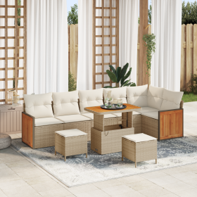 Conjunto de Sofá de Jardín de 9 Piezas con Cojines Beige Poliratán Acacia de , Sofás de exterior - Ref: Foro24-3363326, Preci...