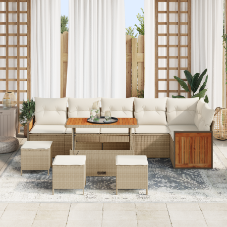 Juego de Sofá de Jardín de 10 Piezas con Cojines Beige Ratán Polipropileno Acacia de , Sofás de exterior - Ref: Foro24-336333...