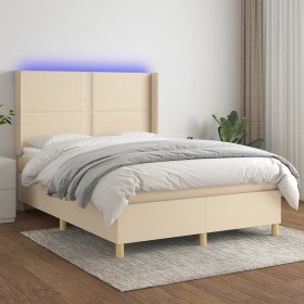 Cama box spring colchón y luces LED tela crema 140x200 cm Cama box spring colchón y luces LED tela crema 140x200 cm